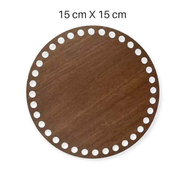 Bruine, ronde houten bodem, 3 mm dik, 15 cm doorsnede, met gaten voor draadwerk