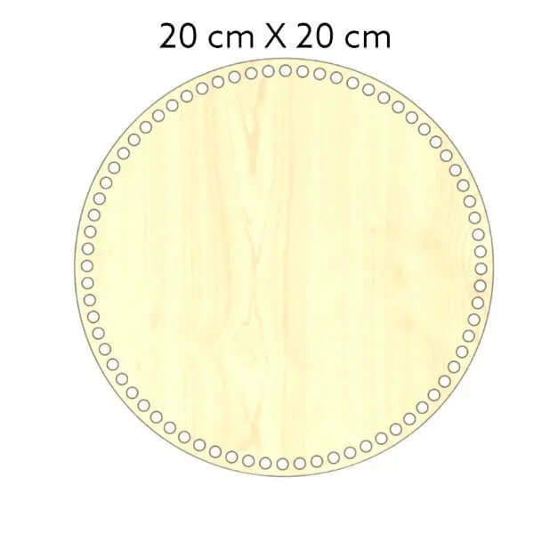 Natuurkleurige, ronde houten bodem, 3 mm dik, 20 cm doorsnede, met gaten voor draadwerk.