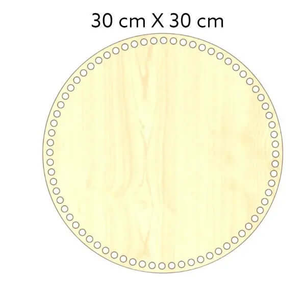 Natuurkleurige, ronde houten bodem, 3 mm dik, 30 cm doorsnede, met gaten voor draadwerk.
