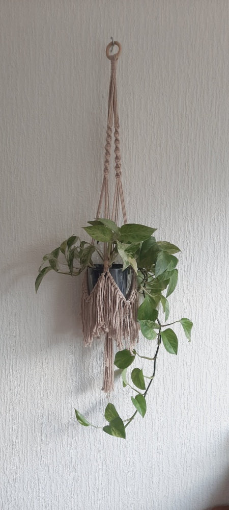 Beige plantenhanger Fringe, gemaakt met het pakket van Cafune van hobbygaren.nl