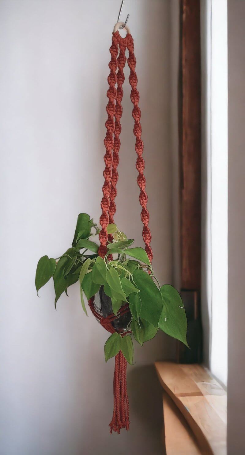 Voorbeel van plantenhanger van Macrame pakket Retro Terracotta van hobbygaren.nl