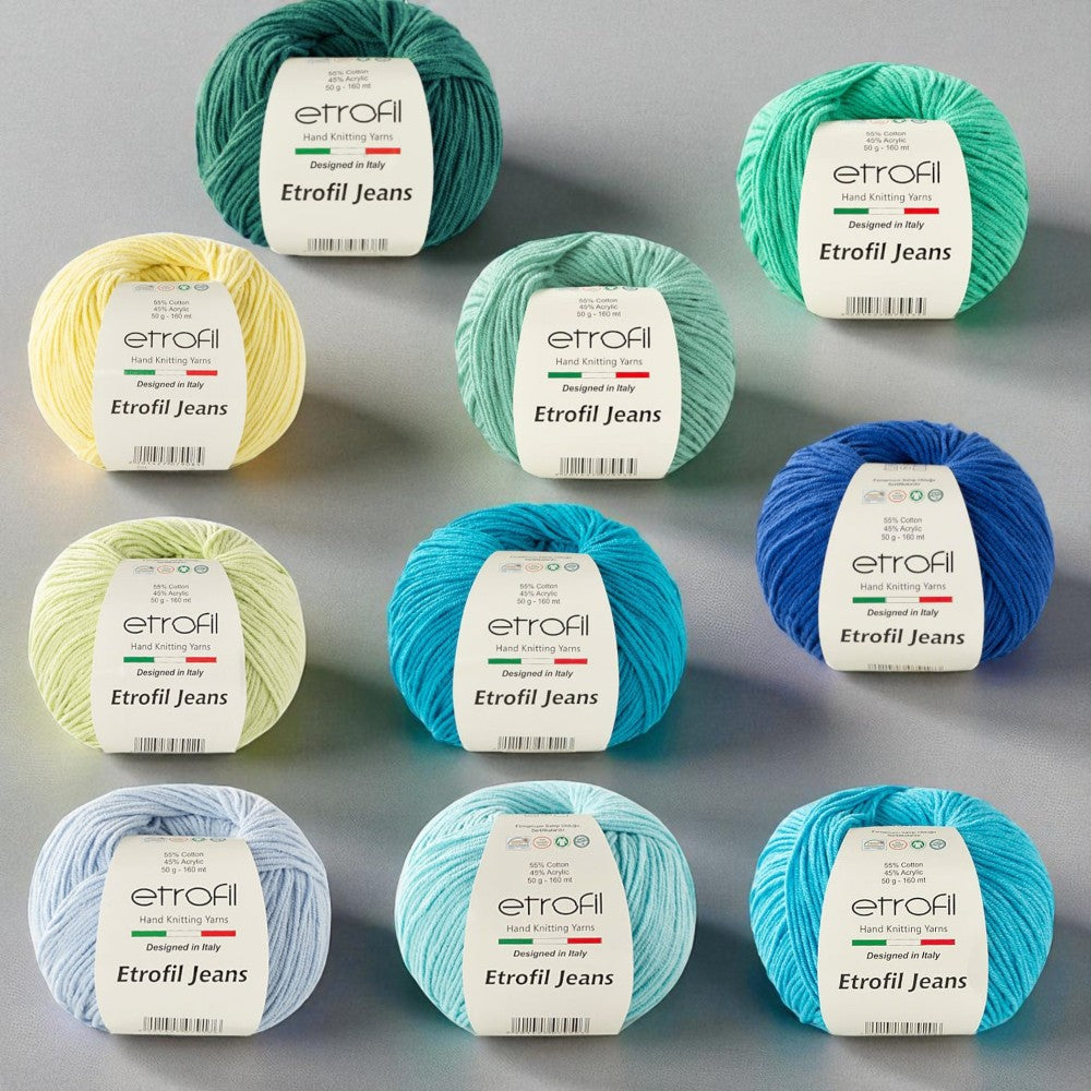 Etrofil Jeans haakgaren in blauw en groen tinten. Te koop bij Hobbygaren.nl