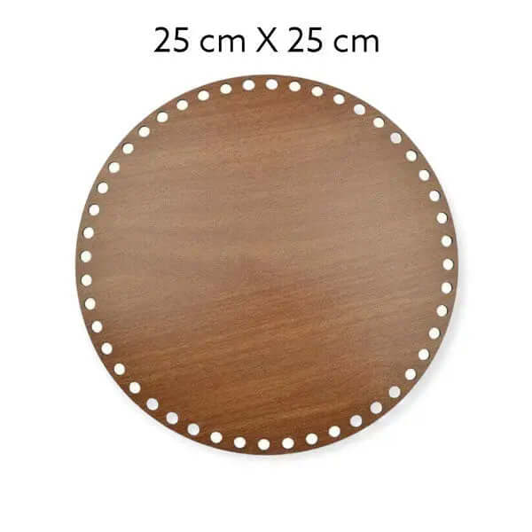 Bruine, ronde houten bodem, 3 mm dik, 25 cm doorsnede, met gaten voor draadwerk