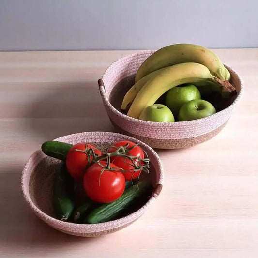 Mandjes – roze met milky coffee Set van 2 - gemaakt met gevlochten naaikoorden van Hobbygaren.nl