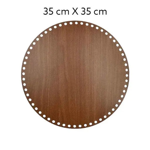 Bruine, ronde houten bodem, 3 mm dik, 35x35 cm doorsnede, met gaten voor draadwerk