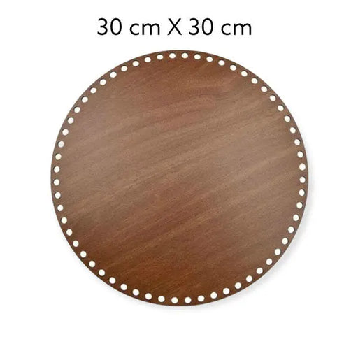 Bruine, ronde houten bodem, 3 mm dik, 30 cm doorsnede, met gaten voor draadwerk