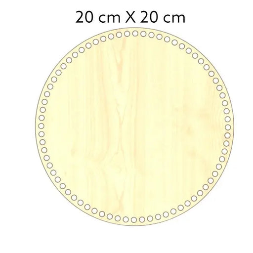 Natuurkleurige, ronde houten bodem, 3 mm dik, 20 cm doorsnede, met gaten voor draadwerk.