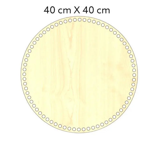Natuurkleurige, ronde houten bodem, 3 mm dik, 40 cm doorsnede, met gaten voor draadwerk.