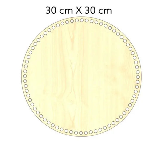 Natuurkleurige, ronde houten bodem, 3 mm dik, 30 cm doorsnede, met gaten voor draadwerk.
