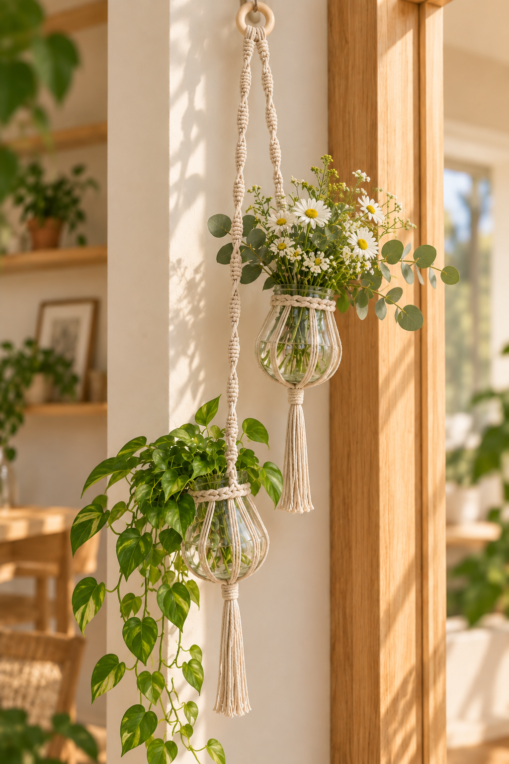 Cafuné macramé hanger voor 2 vaasjes - Beige