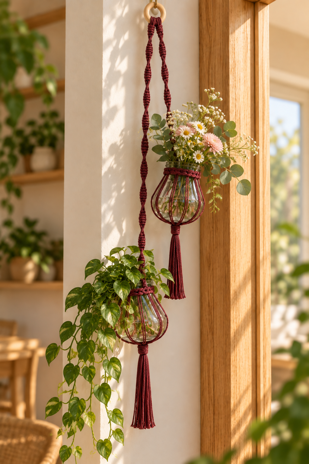 Cafuné macramé hanger voor 2 vaasjes - Bordeaux