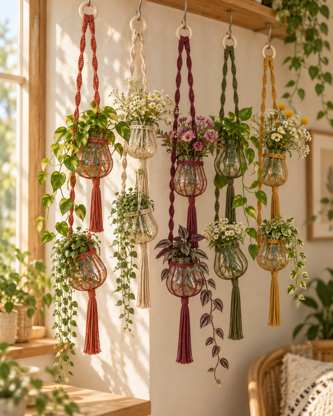 Cafuné macramé hanger voor 2 vaasjes - kleuren