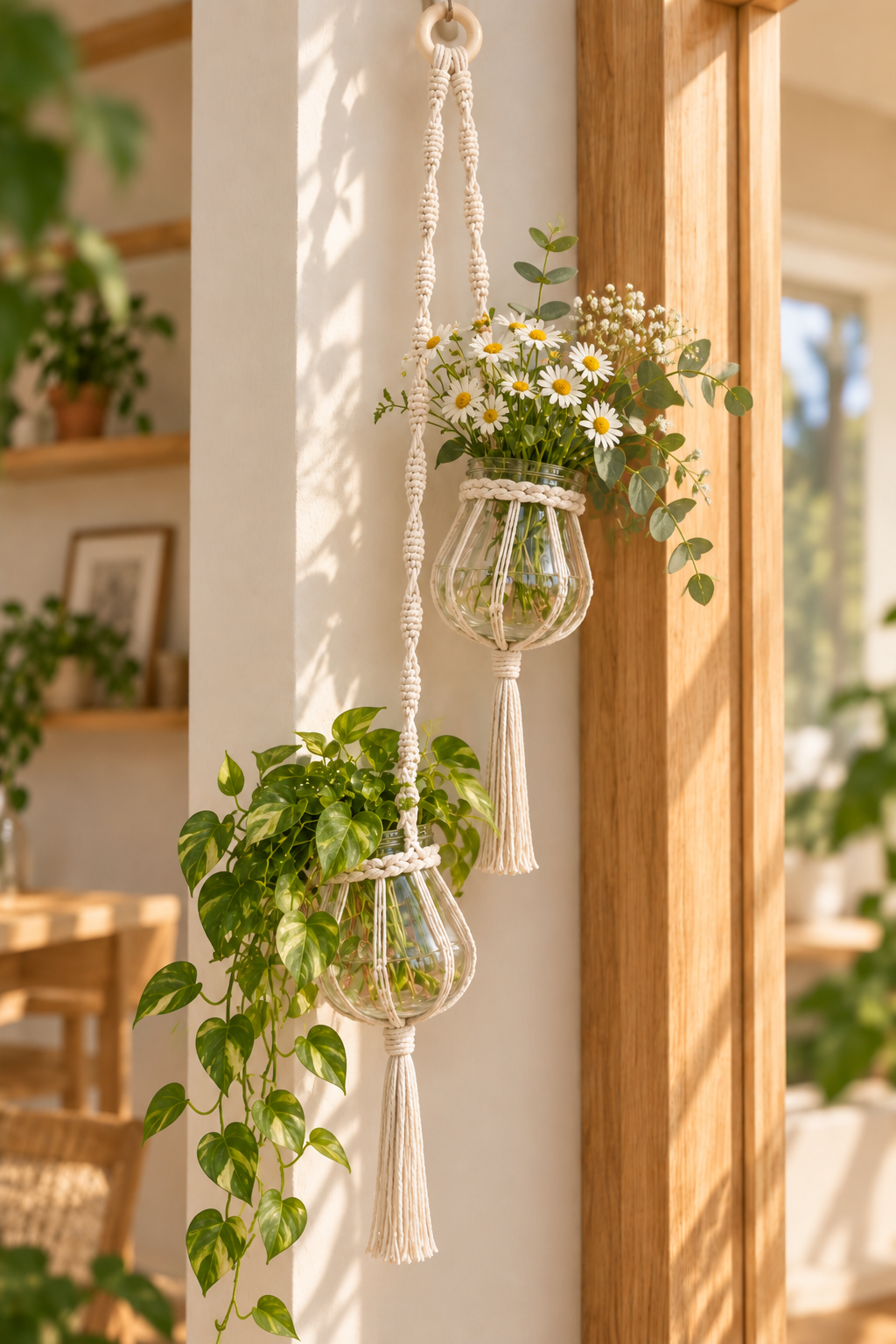 Cafuné macramé hanger voor 2 vaasjes - Ecru