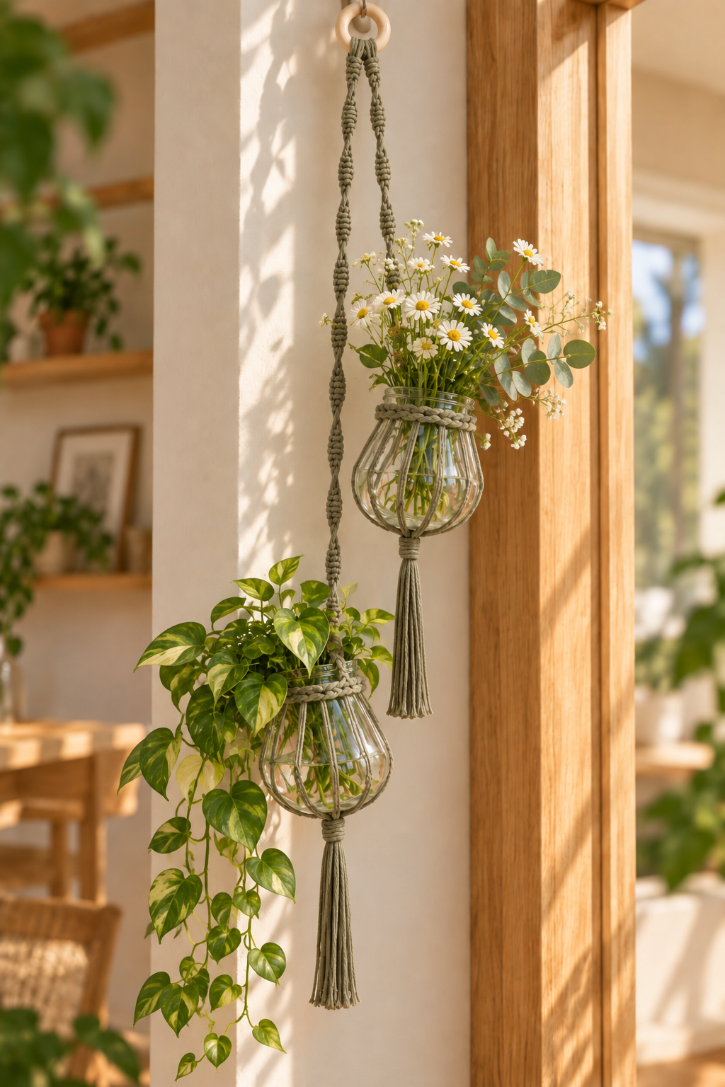 Cafuné macramé hanger voor 2 vaasjes - Kaki