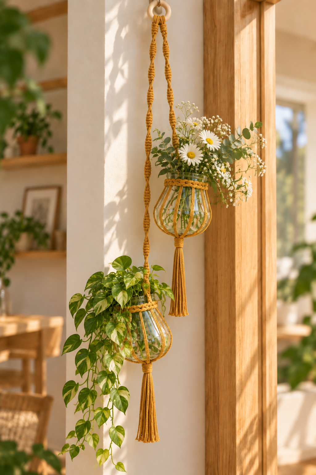 Cafuné macramé hanger voor 2 vaasjes - Oker