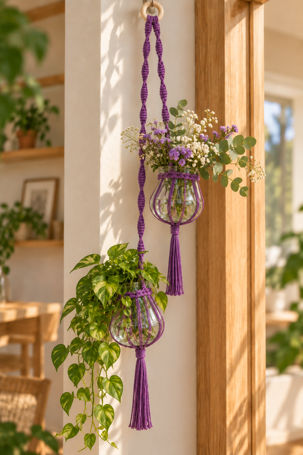 Cafuné macramé hanger voor 2 vaasjes - Paars