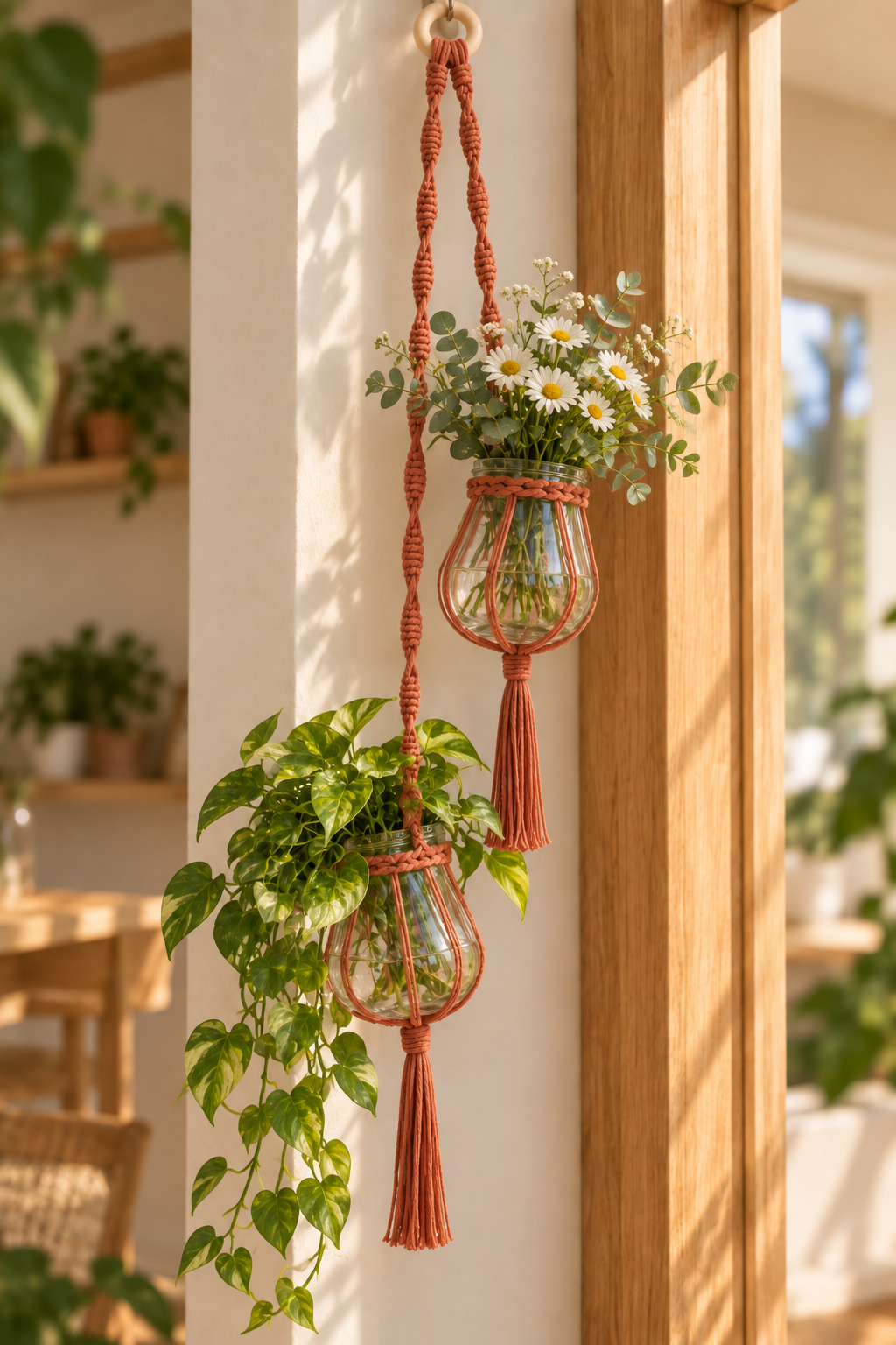 Cafuné macramé hanger voor 2 vaasjes - Terracotta