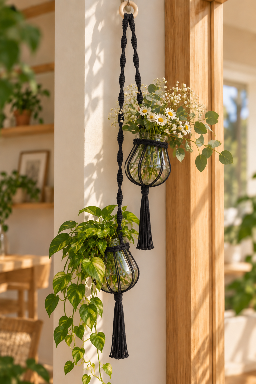 Cafuné macramé hanger voor 2 vaasjes - Zwart