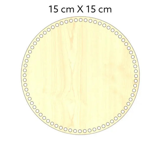 Natuurkleurige, ronde houten bodem, 3 mm dik, 15 cm doorsnede, met gaten voor draadwerk.