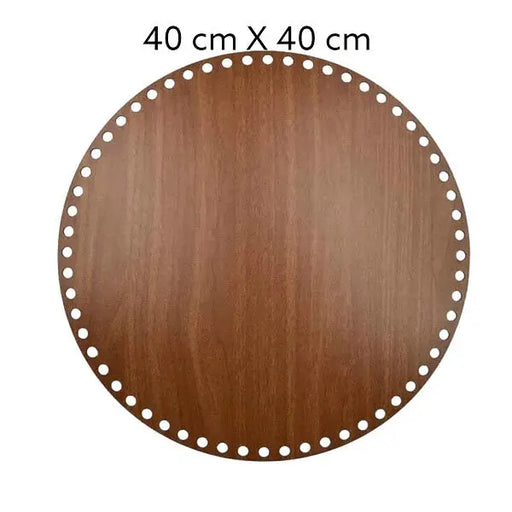 Bruine, ronde houten bodem, 3 mm dik, 40 cm doorsnede, met gaten voor draadwerk