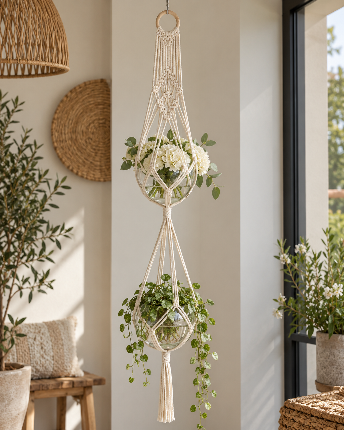 Macramé plantenhanger voor 2 potten - Beige