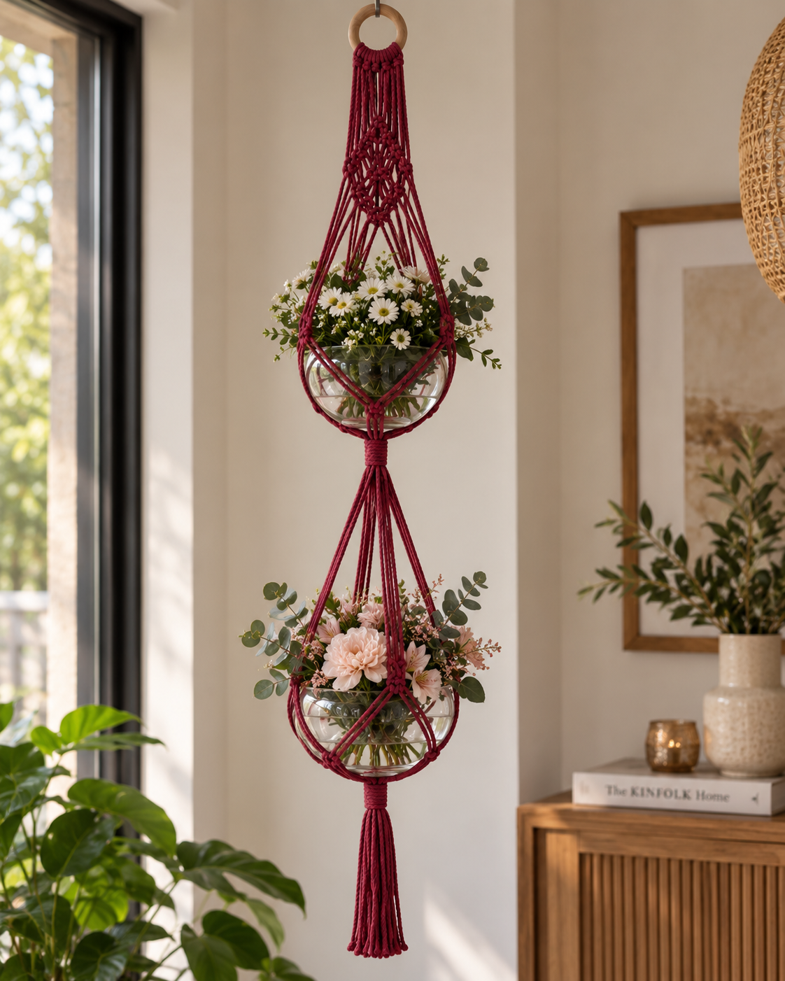 Macramé plantenhanger voor 2 potten - Bordeaux