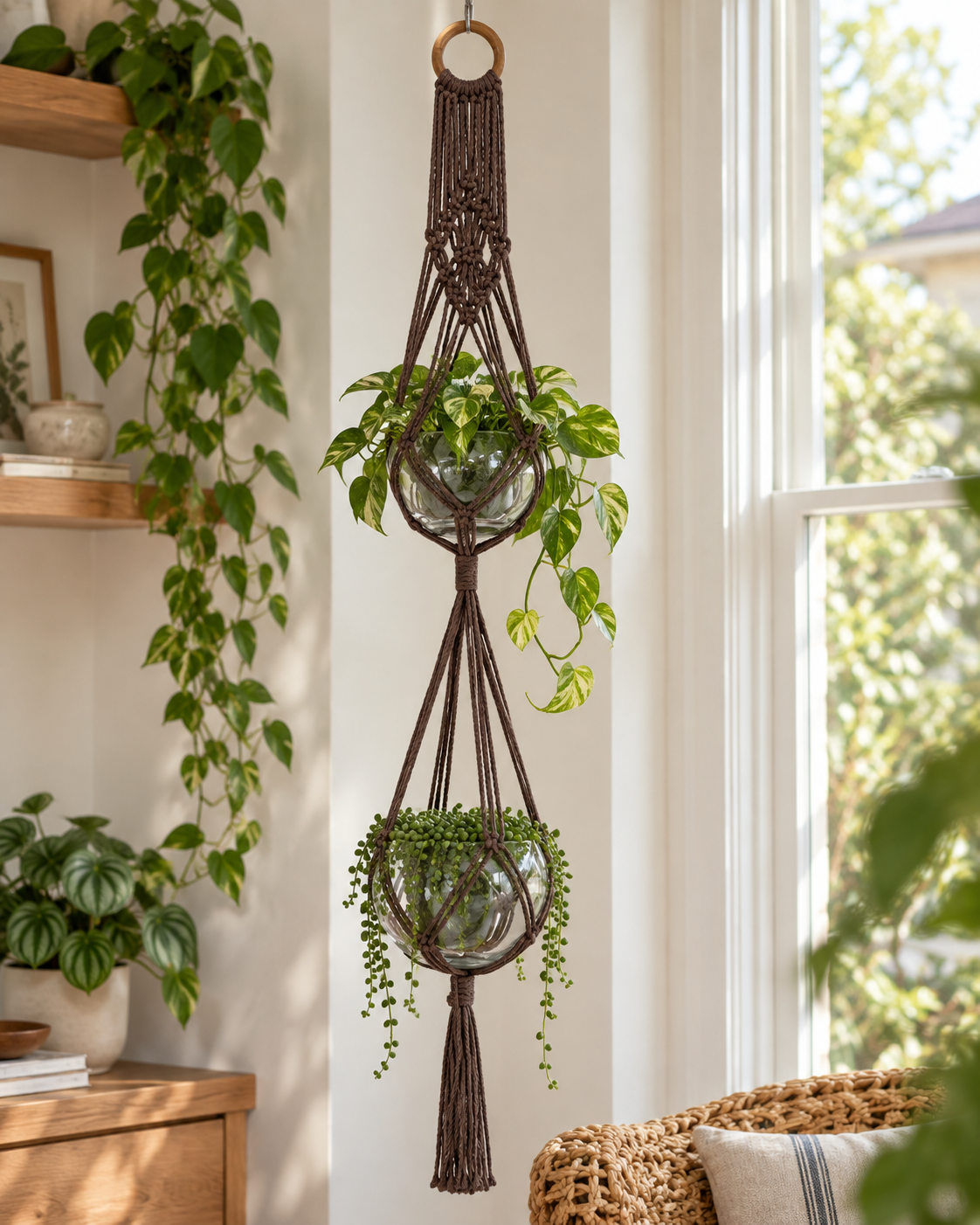 Macramé plantenhanger voor 2 potten - Bruin