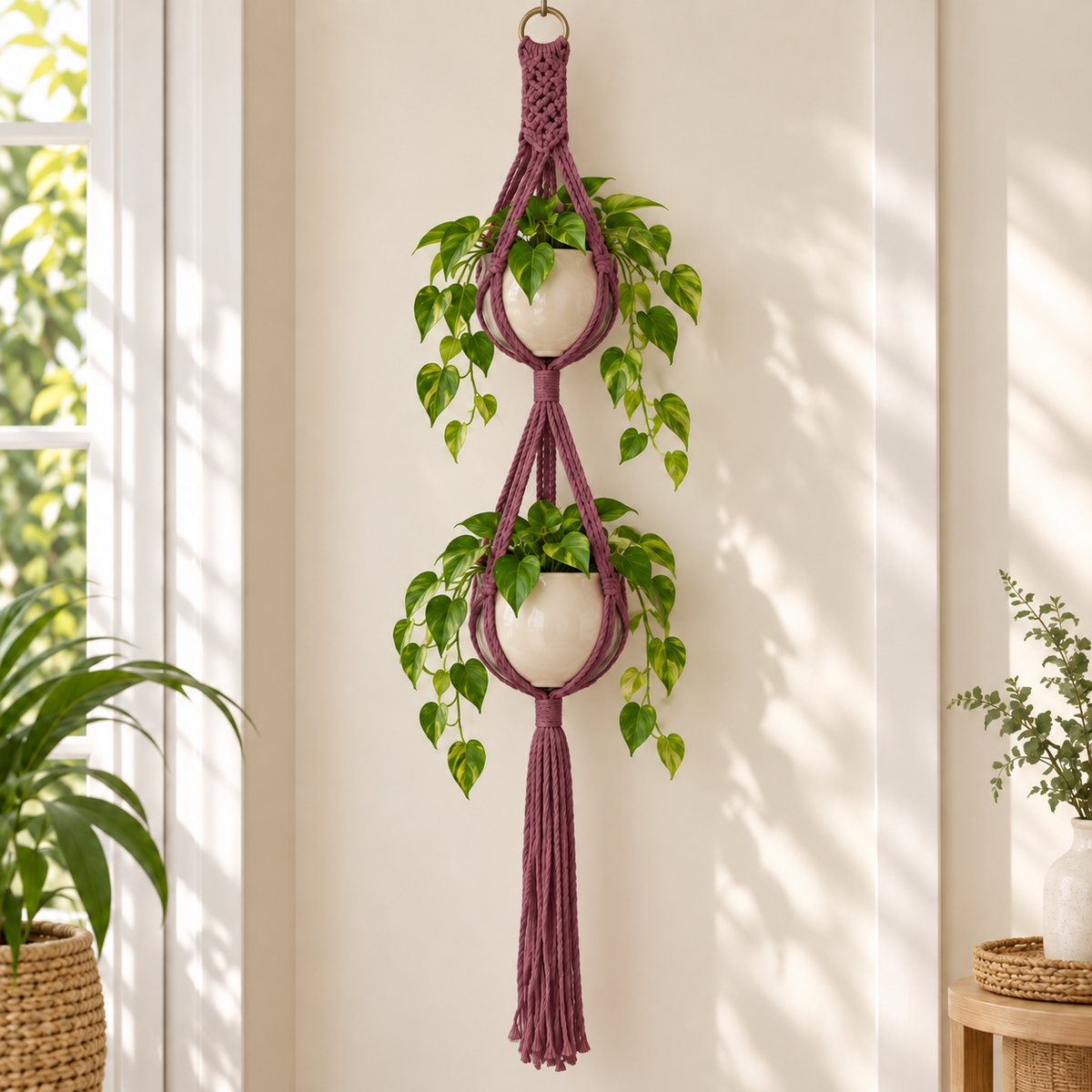 Macramé plantenhanger voor 2 potten - Damson
