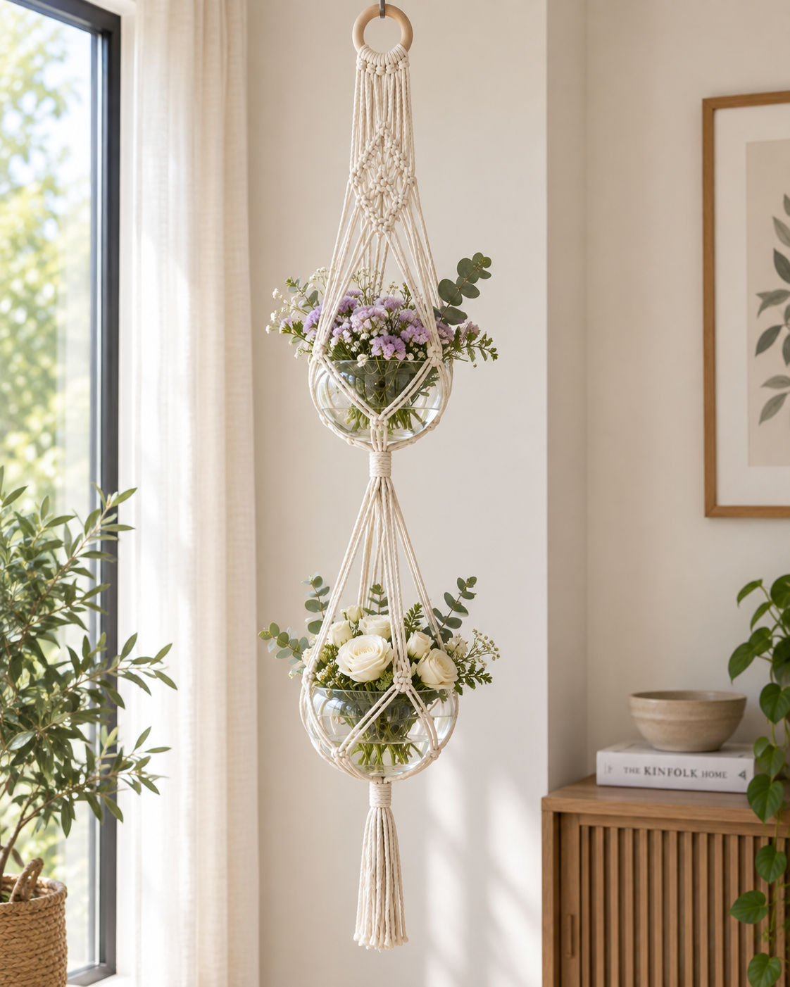 Macramé plantenhanger voor 2 potten - Ecru