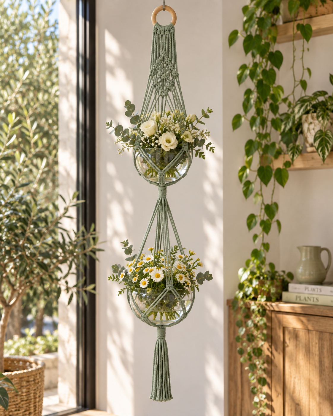 Macramé plantenhanger voor 2 potten - Eucalyptus