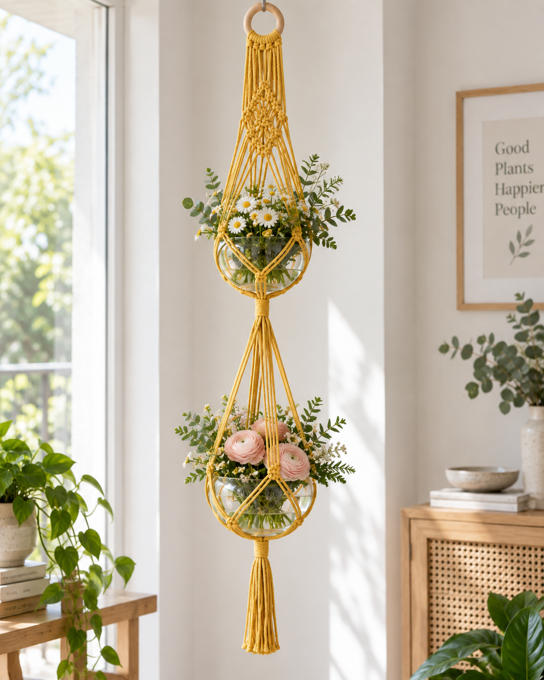 Macramé plantenhanger voor 2 potten - Geel