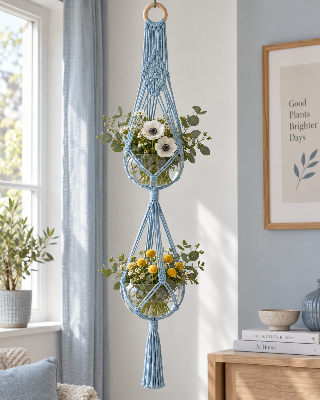 Macramé plantenhanger voor 2 potten - Lichtblauw