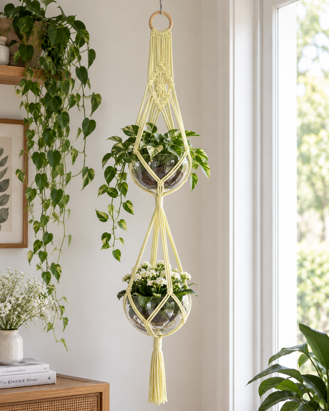 Macramé plantenhanger voor 2 potten - Lichtgeel