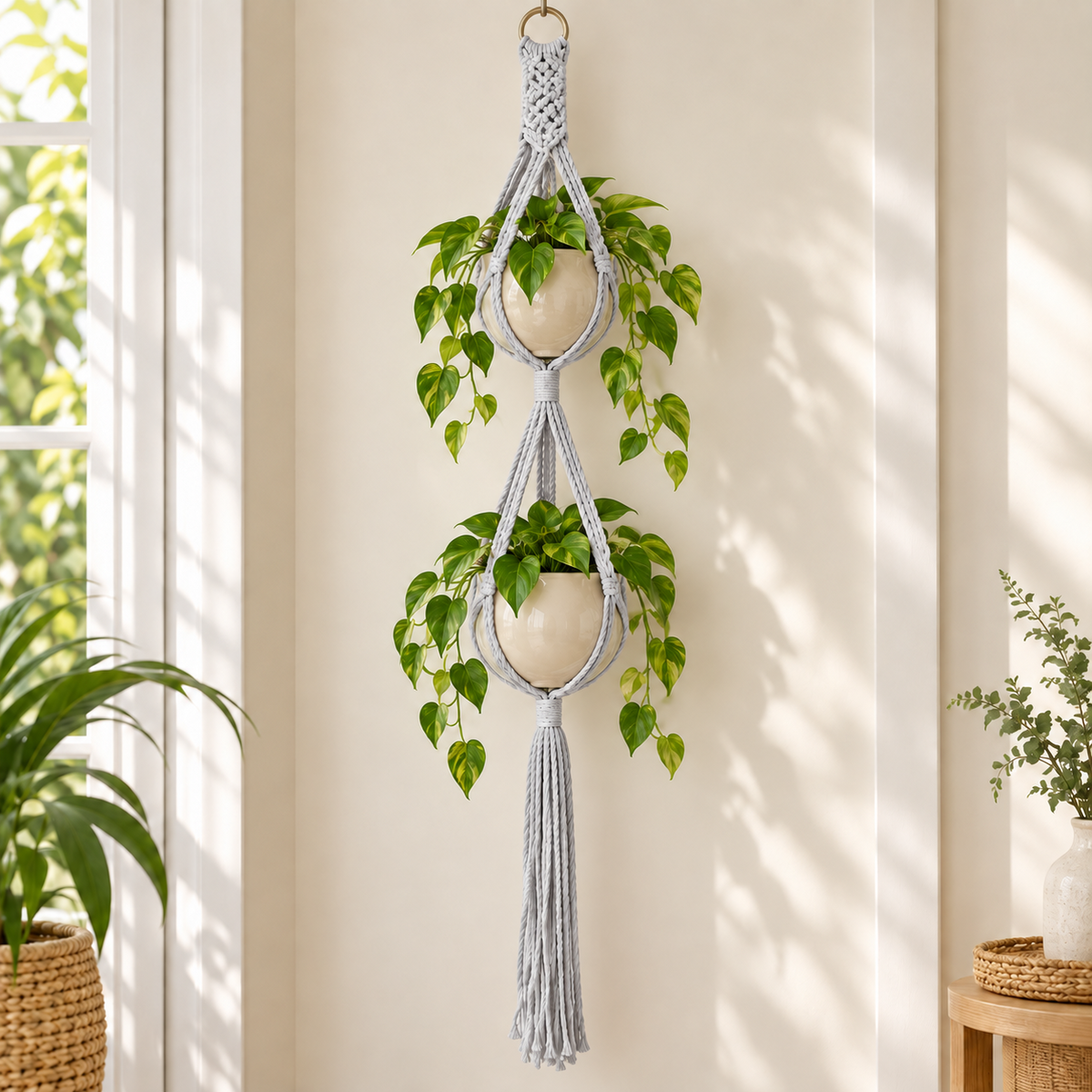 Macramé plantenhanger voor 2 potten - Lichtgrijs