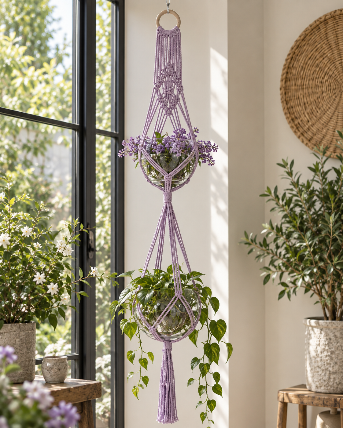 Macramé plantenhanger voor 2 potten - Lila