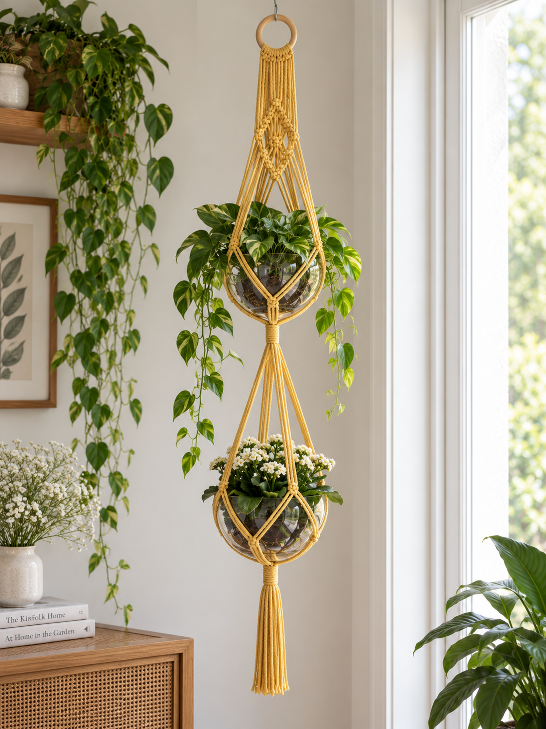 Macramé plantenhanger voor 2 potten - Mosterd