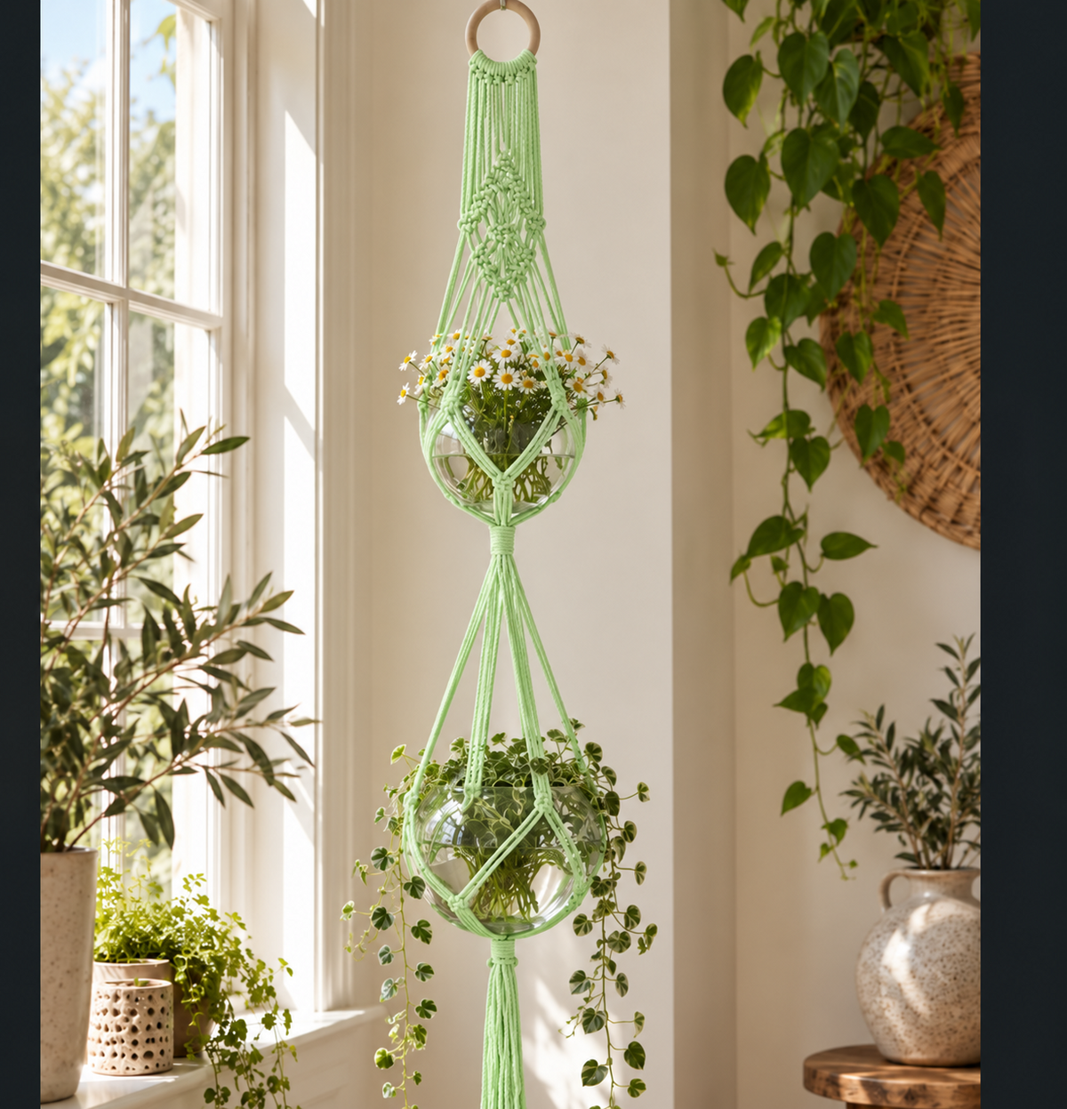 Macramé plantenhanger voor 2 potten - Neongroen