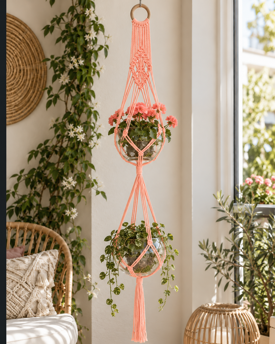Macramé plantenhanger voor 2 potten - Neonroze