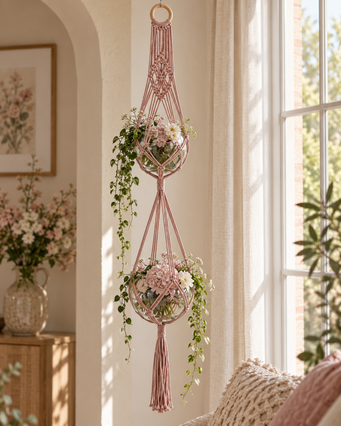 Macramé plantenhanger voor 2 potten - Oudroze