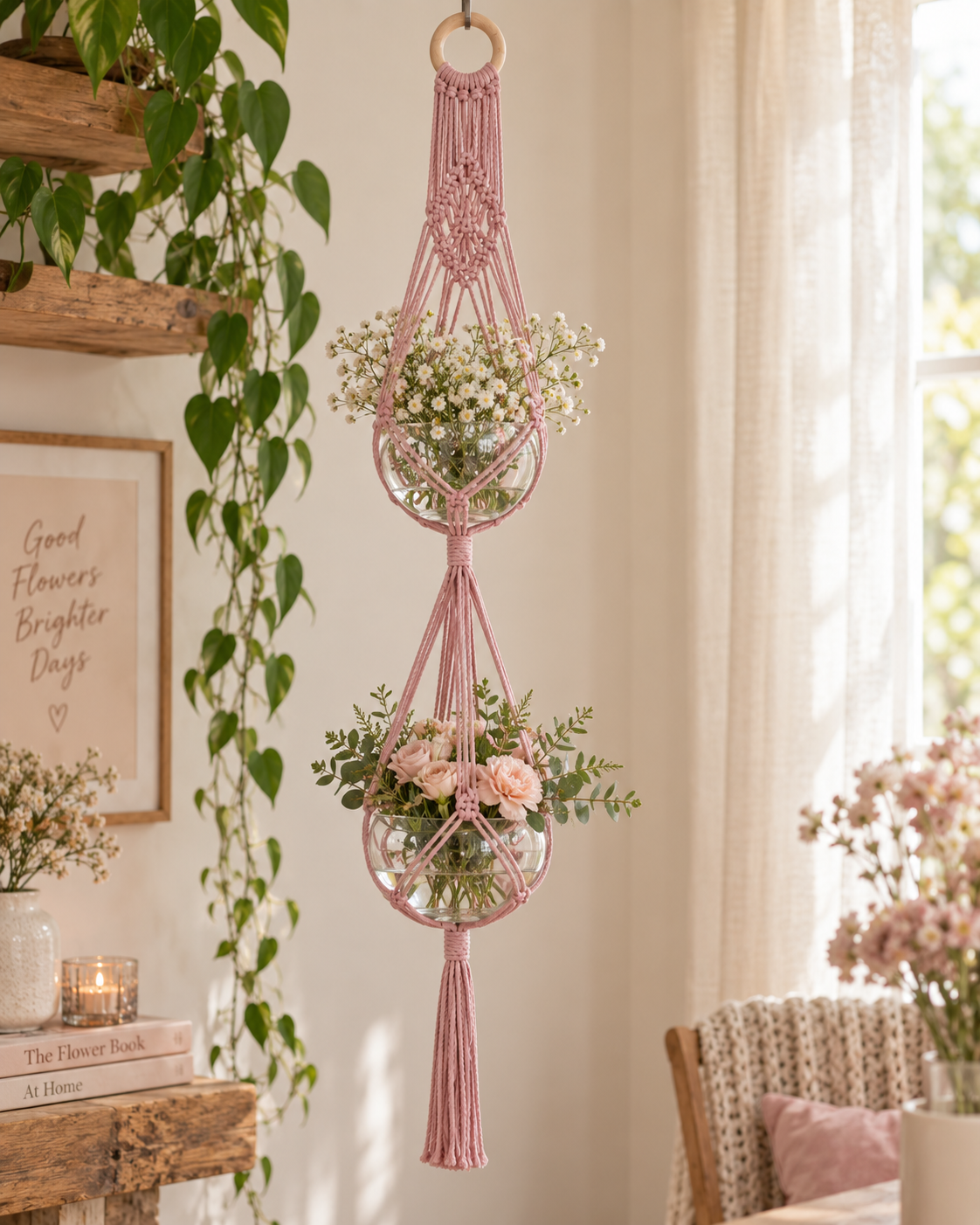 Macramé plantenhanger voor 2 potten - Poederroze