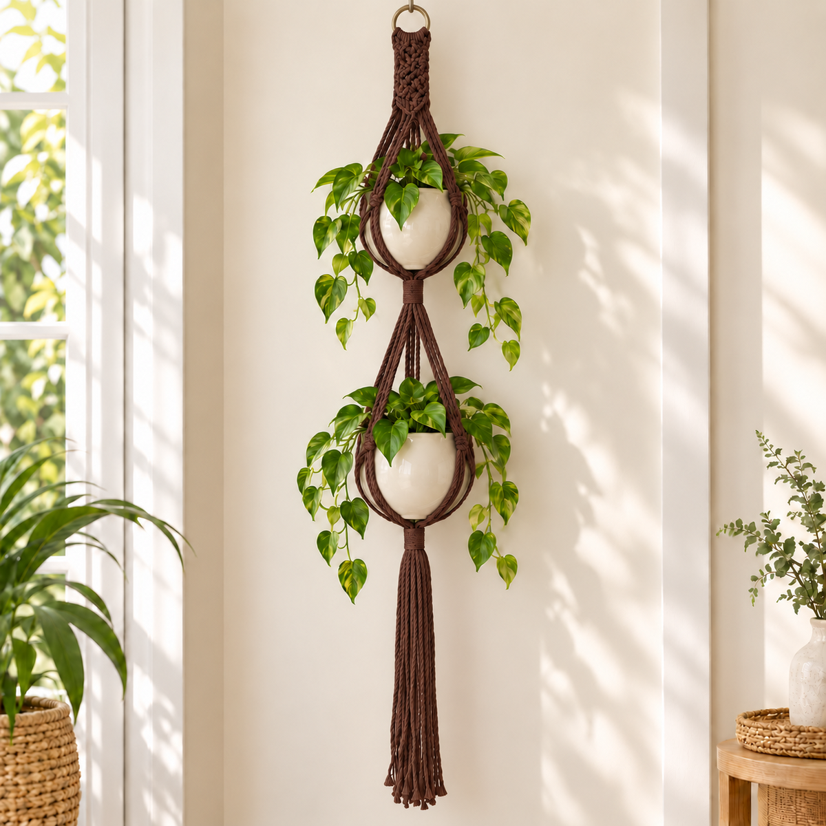Macramé plantenhanger voor 2 potten - Roestbruin