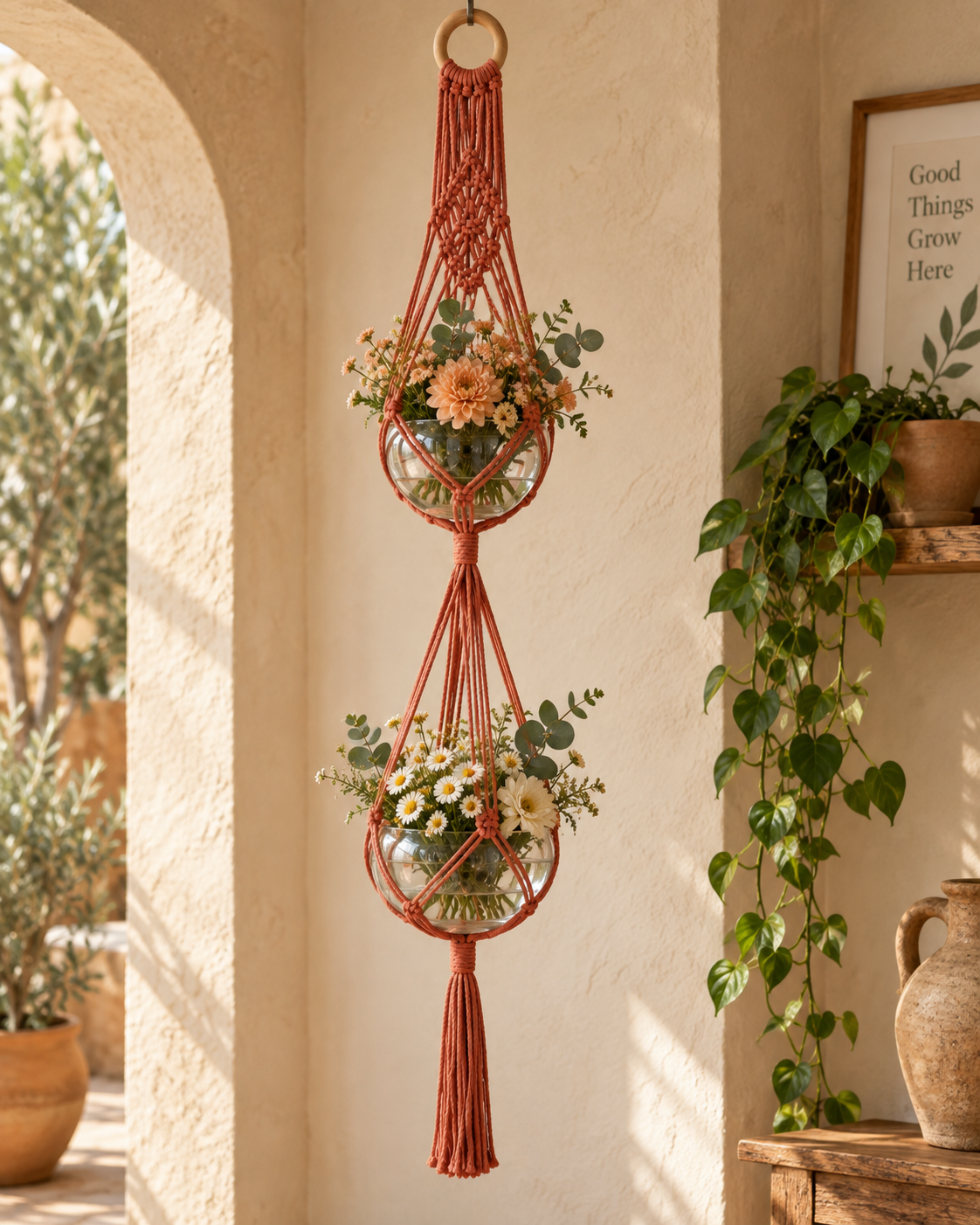Macramé plantenhanger voor 2 potten - Terracotta
