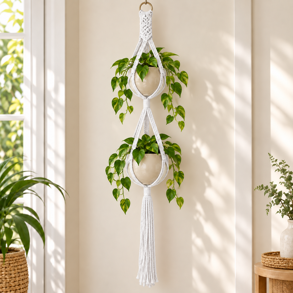 Macramé plantenhanger voor 2 potten - Wit