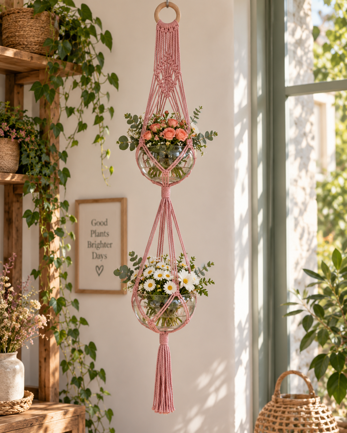 Macramé plantenhanger voor 2 potten - Zalmroze