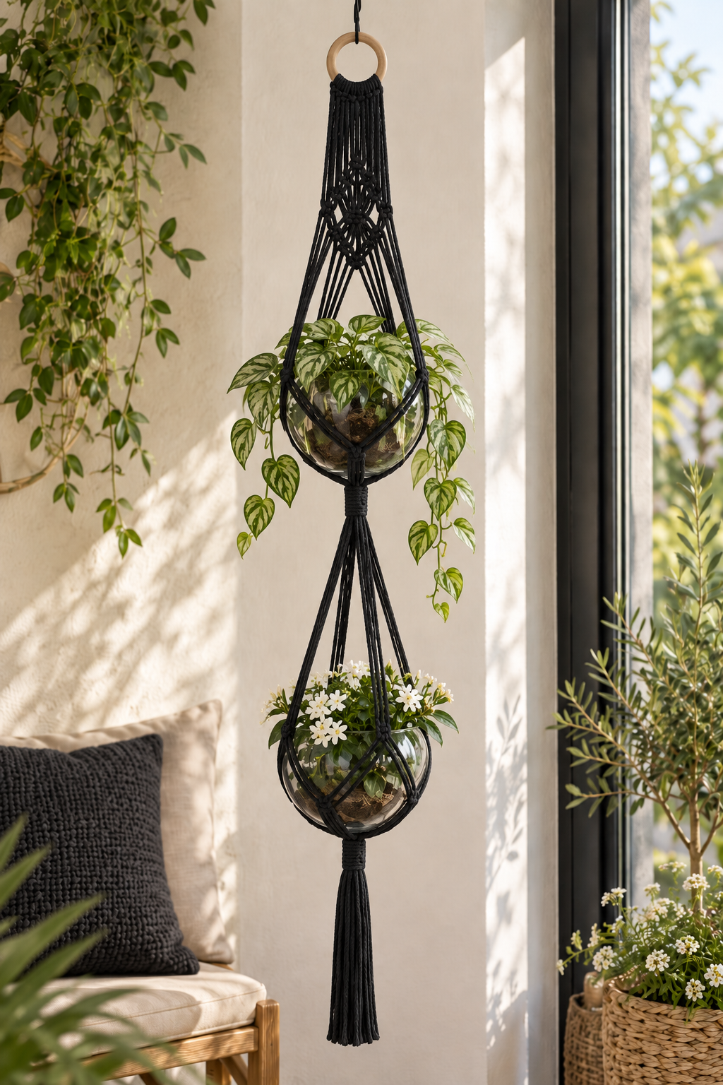 Macramé plantenhanger voor 2 potten - Zwart