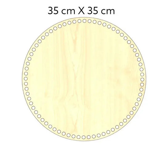 Natuurkleurige, ronde houten bodem, 3 mm dik, 35 cm doorsnede, met gaten voor draadwerk.