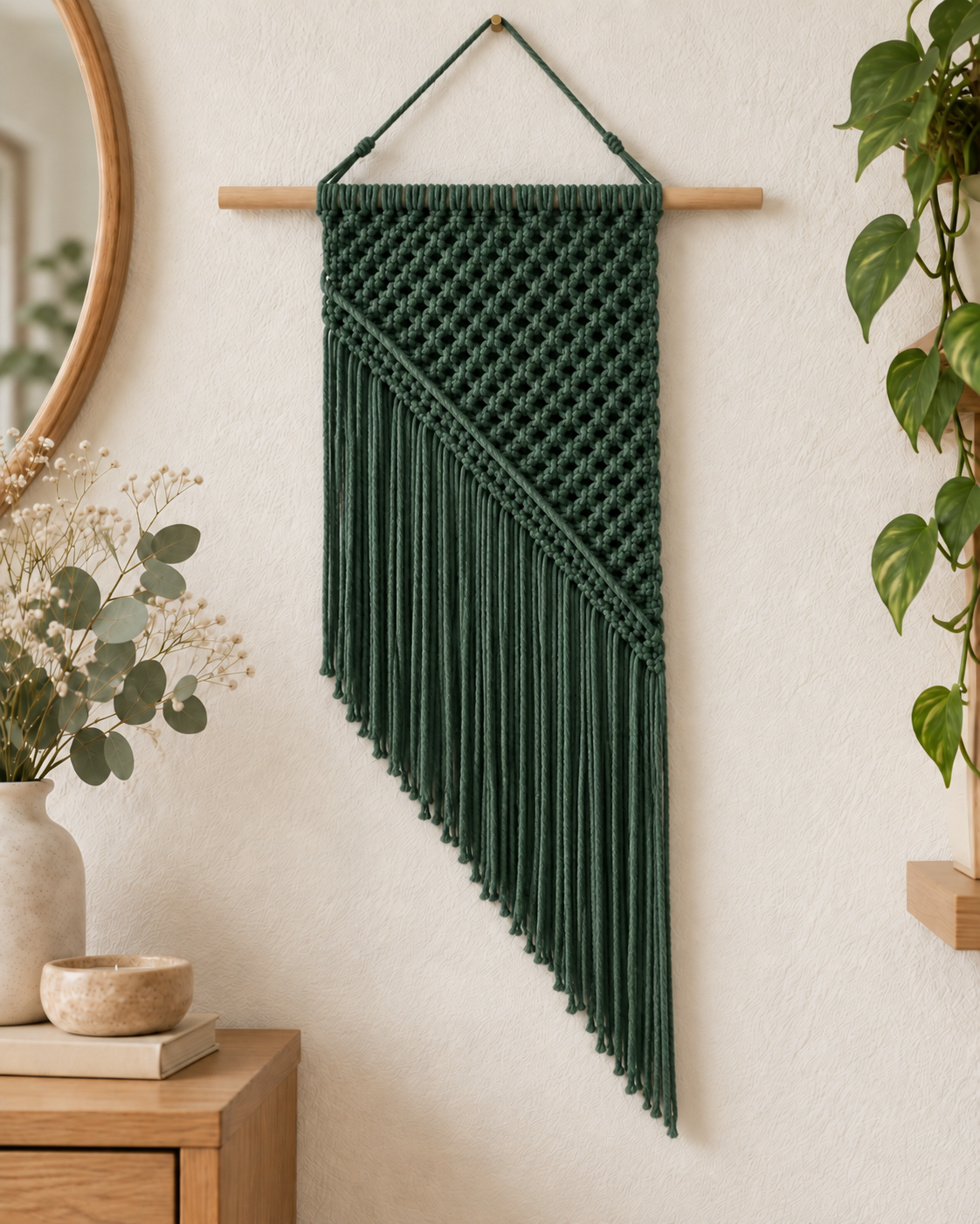 Luna macramé wandkleed in donkergroen