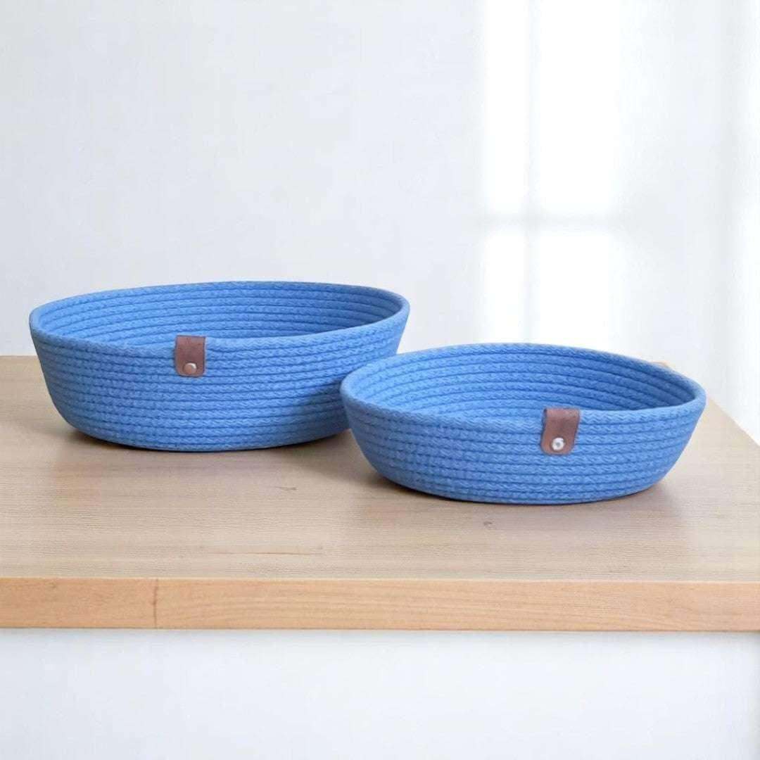 Mandjes – Antiek Blauw Set van 2 - gemaakt met gevlochten naaikoorden van Hobbygaren.nl