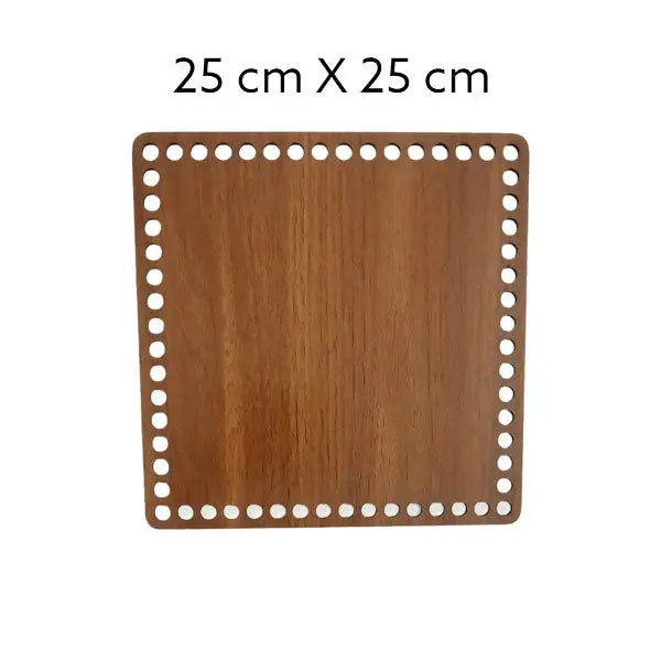 Bruine, vierkante houten bodem, 3 mm dik, 25x25 cm, met gaten voor draadwerk.