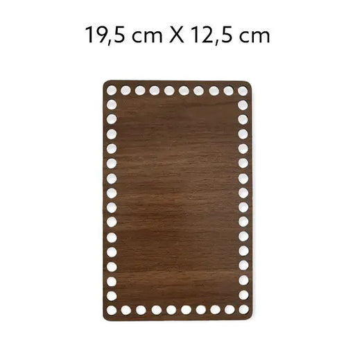 Bruine, rechthoekige houten bodem, 3 mm dik, 19,5x12,5 cm, met gaten voor draadwerk.